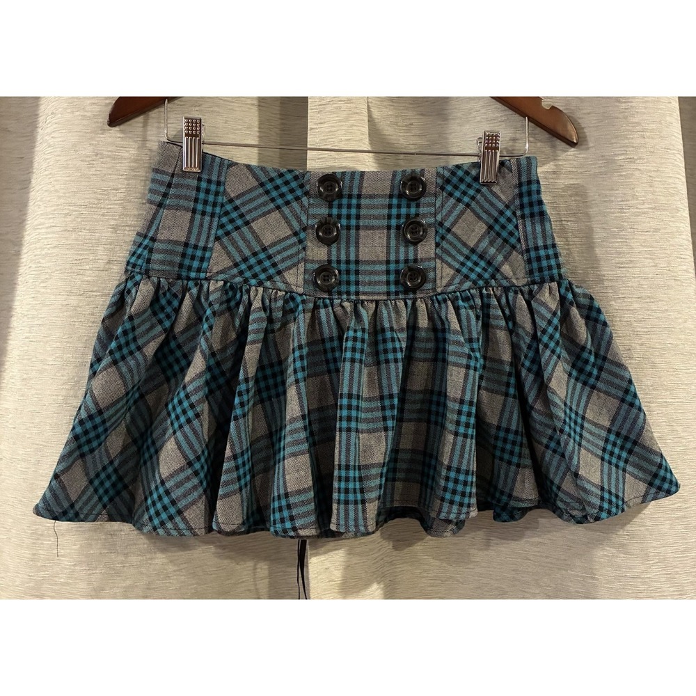 VTG Candie's Plaid Micro Mini Skirt Lace Up Corset Waist Blue Gray Y2K‎ Punk 3